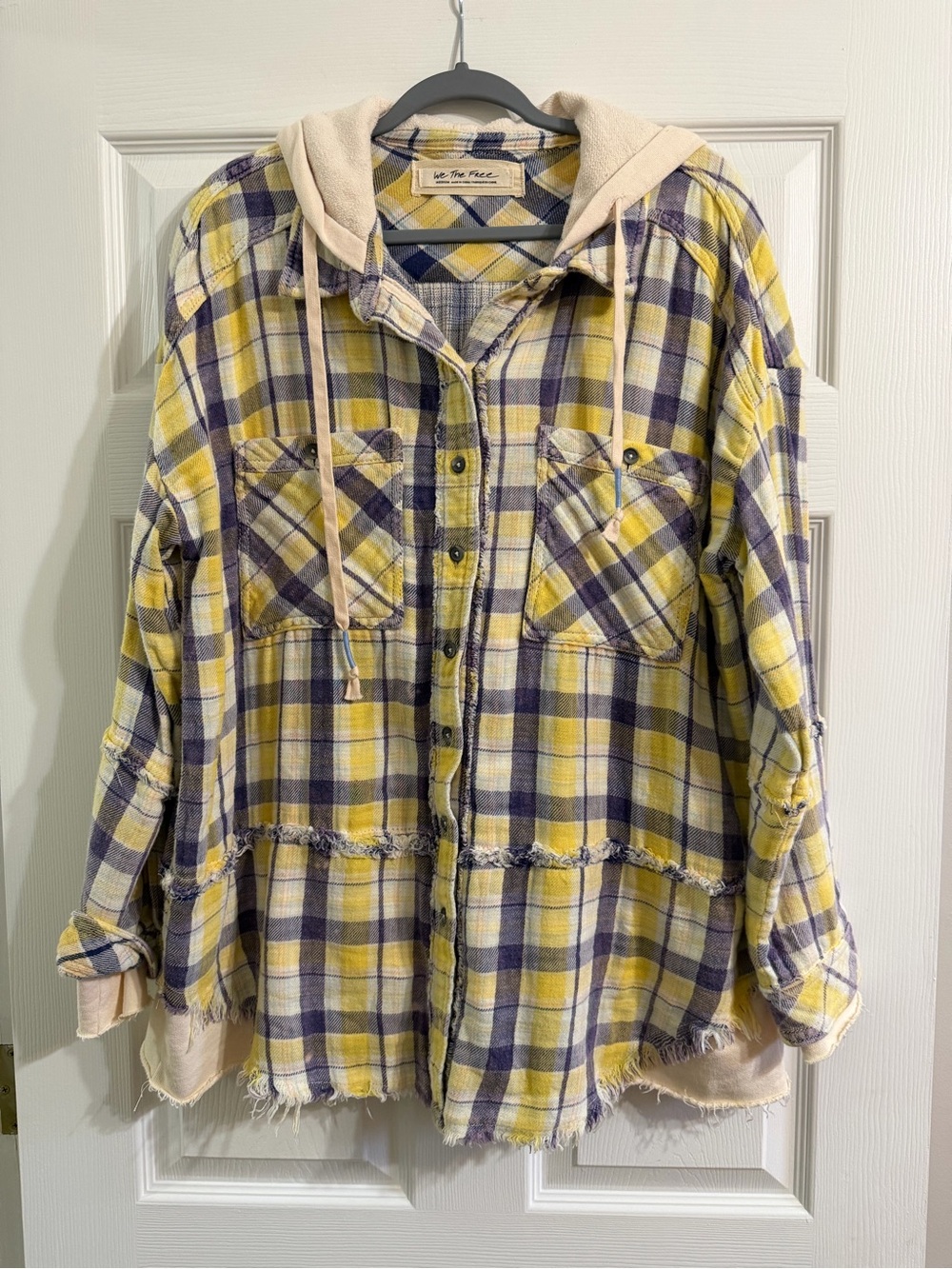 Free People Yellow and Navy Plaid Hooded Utility Shacket
